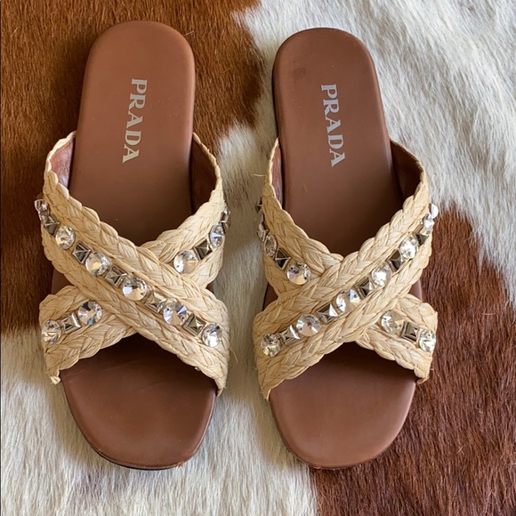 prada raffia bow flat slide sandals